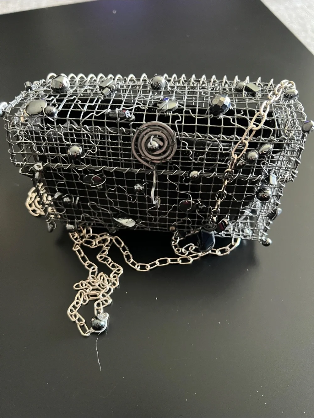 Unsigned Anndra Neen‑Style Alpaca Silver Cage Bag w/ Hematite Beads & Chain Stra
